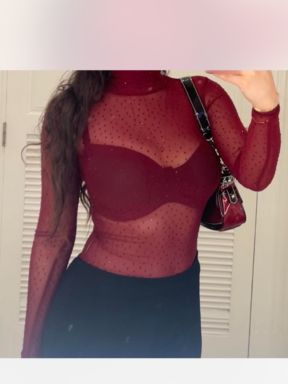 Bar III Burgundy Sheer Rhinestone Mock Neck Camisole